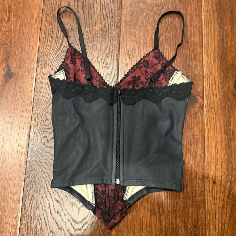 LE CHATEAU VINTAGE WOMEN’S FLORAL SATIN CORSET TOP, SIZE SMALL, BLACK - Picture 6 of 13